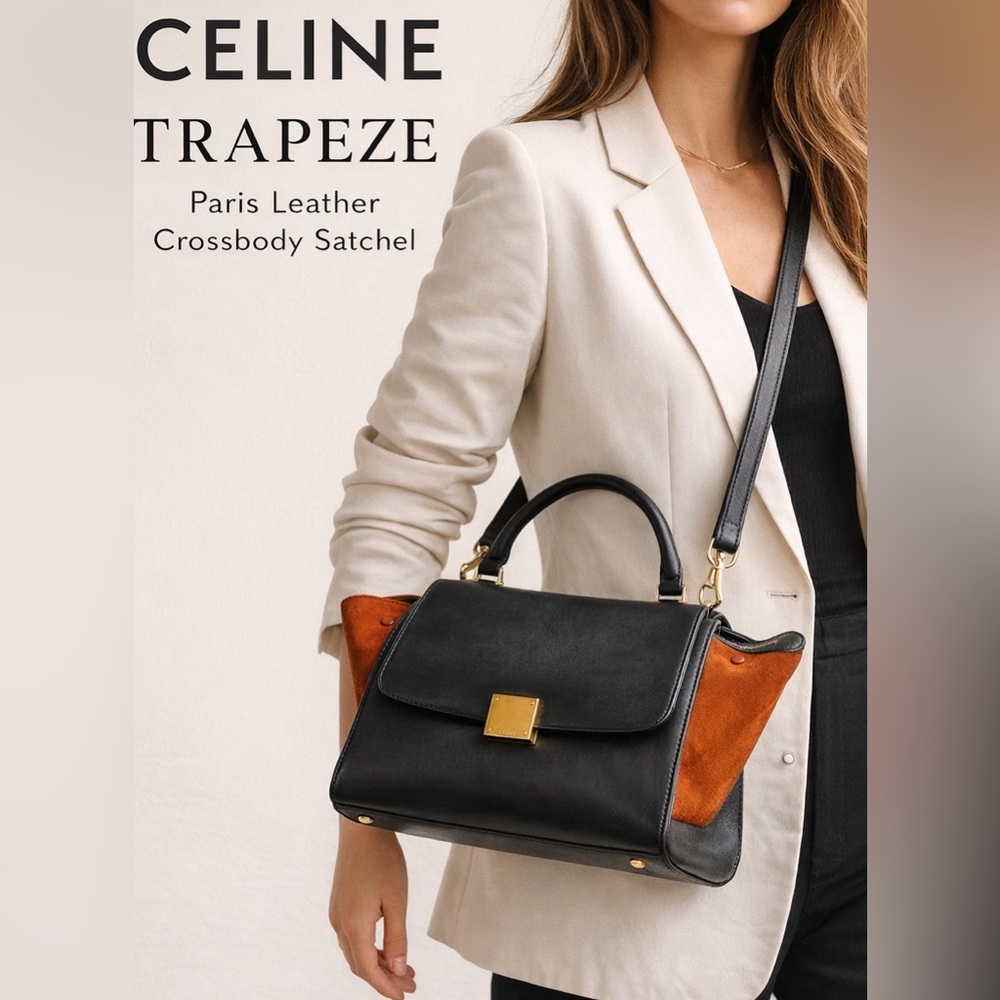 Celine Trapeze Leather Shoulder Crossbody Bag Black Gold Hardware Satchel Paris